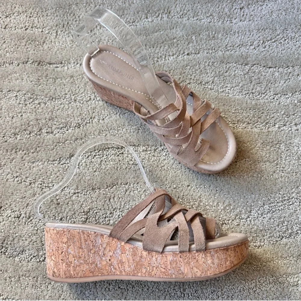 Donald J. Pliner Interwoven Strappy Suede Platform Cork Slip On Sandals Tan Sz 8